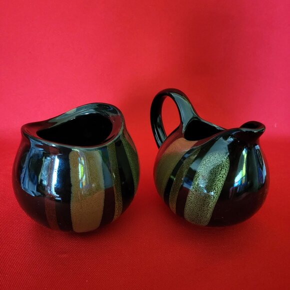 Sango Avanti Black Creamer and Sugar Set Ceramic Drip Glaze Mid Century Modern B - Picture 6 of 12